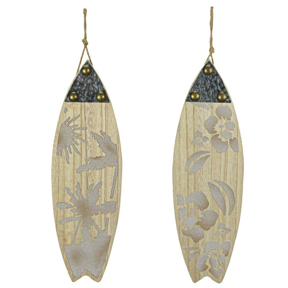 16 Inch Carved Wood & Metal Surfboard Wall Hanging Beach Home Decor Art Set of 2